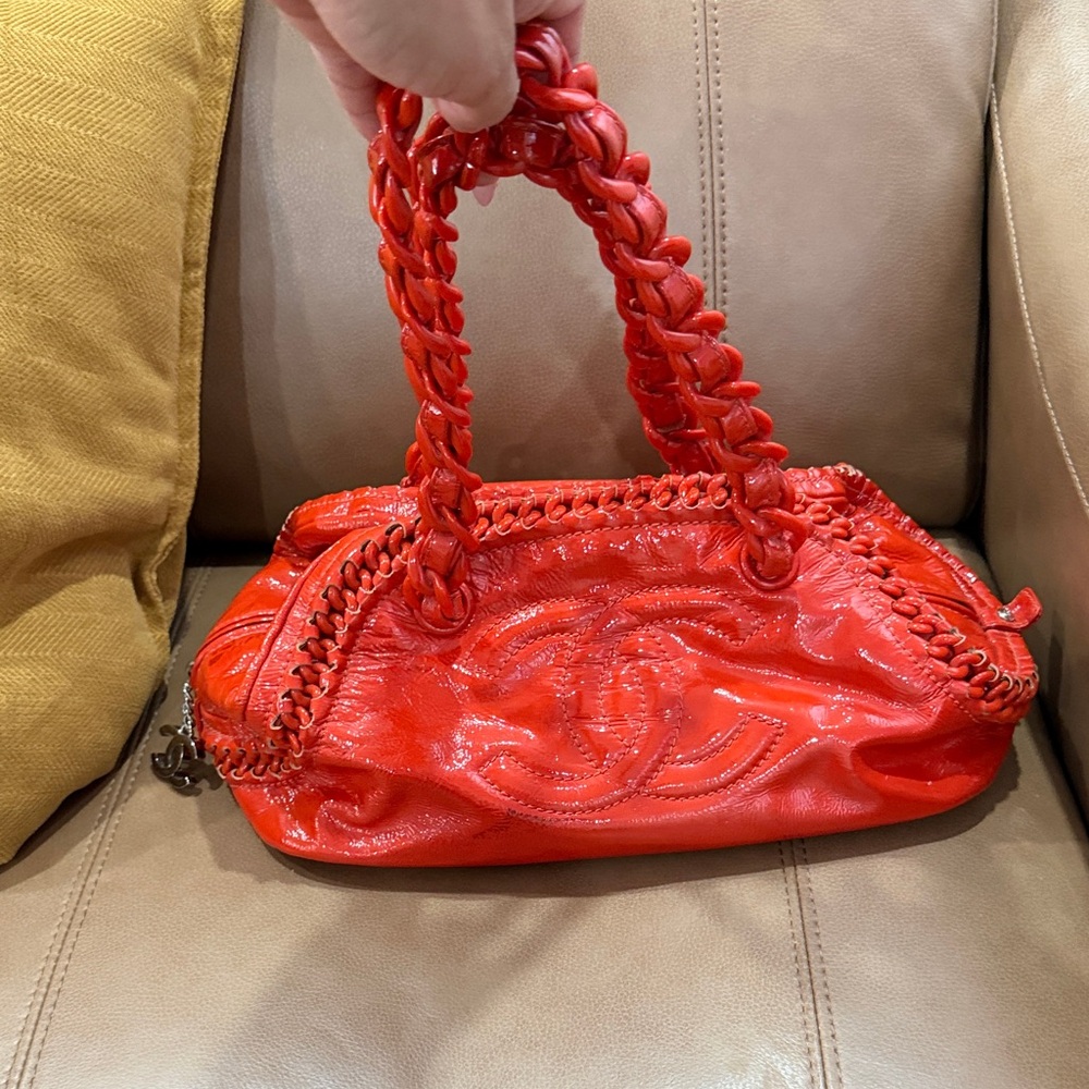 Chanel Plastic chain Vibrant Patent Red/Orange Bowling Shoulder Bag